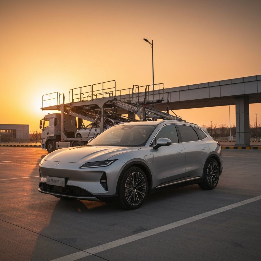 Chinese electric SUV with car transporter truck at logistics hub